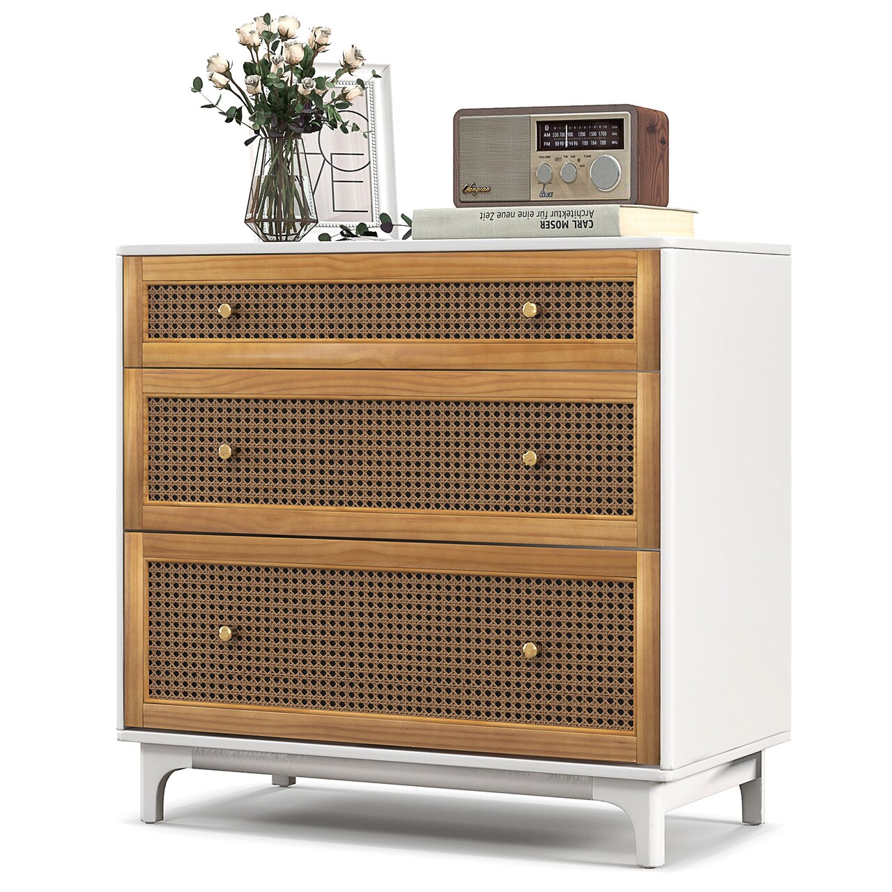Costway 3-Drawer Rattan Dresser Modern Closet Chest Storage Cabinet Living Room Entryway
